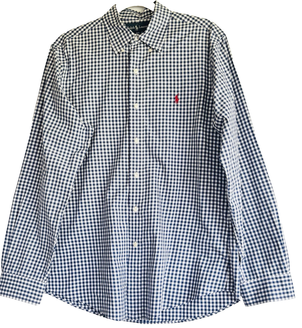 Ralph Lauren Shirt Men's M Blue Plaid Custom Fit Pony Logo Long Sleeve